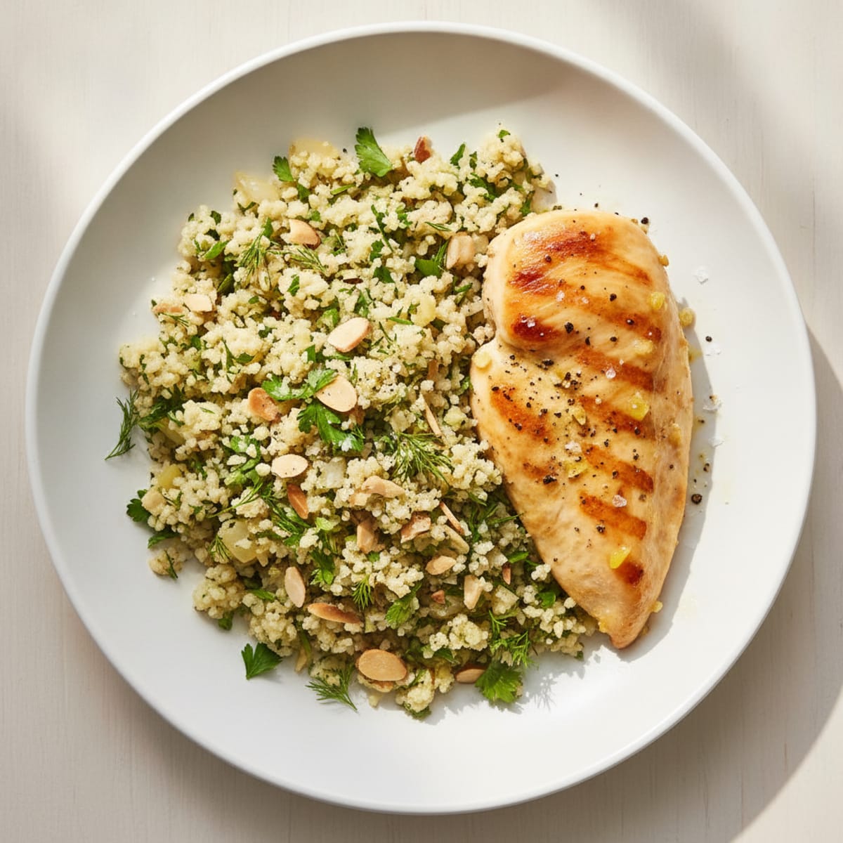 Herb-Loaded Cauliflower Rice Pilaf with Lemon-Garlic Chicken