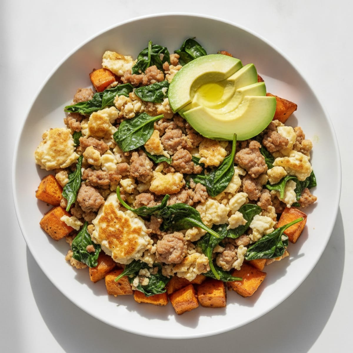 Egg White and Turkey Sausage Scramble with Sautéed Spinach