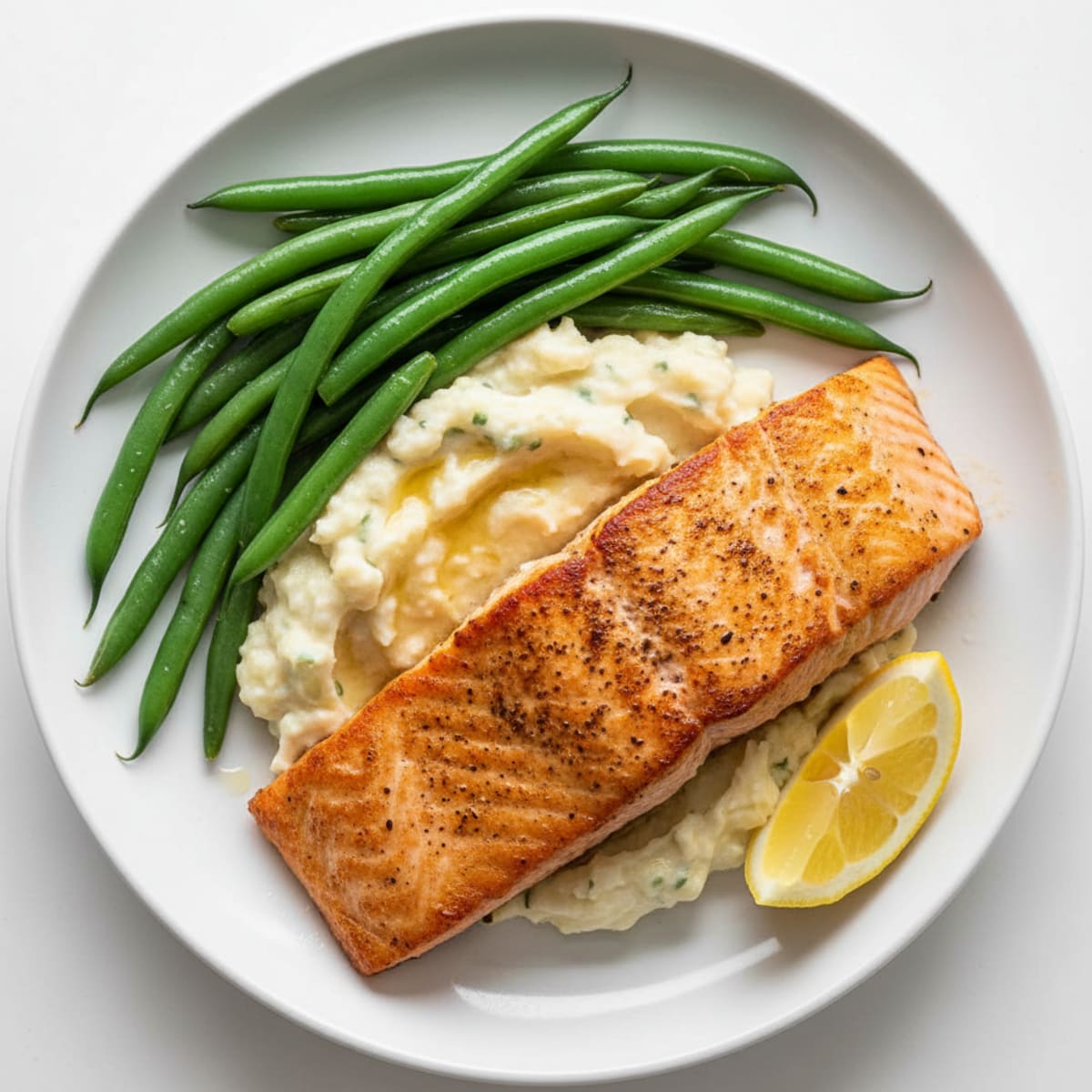 Seared Salmon with Steamed Green Beans and Garlic Mashed Cauliflower