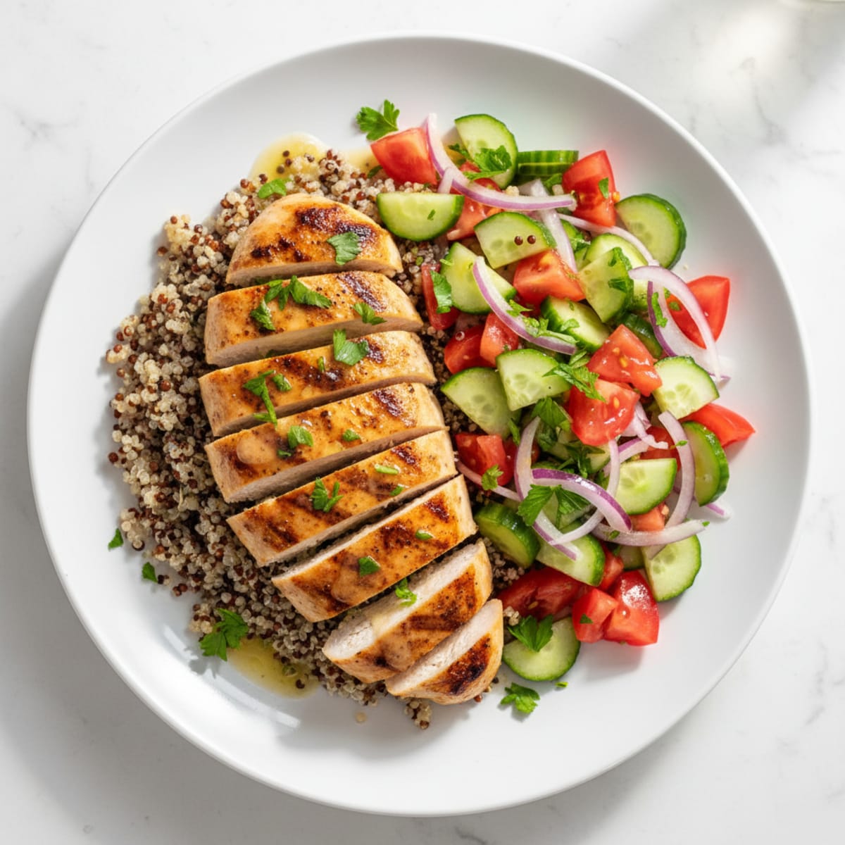 Grilled Chicken Breast with Quinoa and Crunchy Cucumber Tomato Salad
