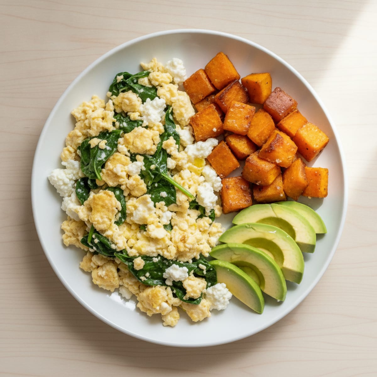 Cottage Cheese and Spinach Egg White Scramble with Roasted Sweet Potatoes