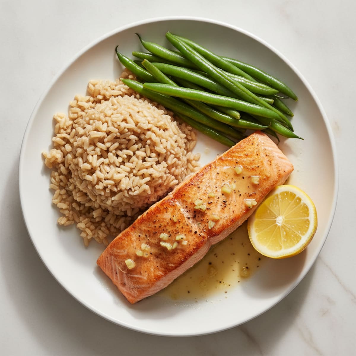 Seared Salmon with Steamed Green Beans and Brown Rice