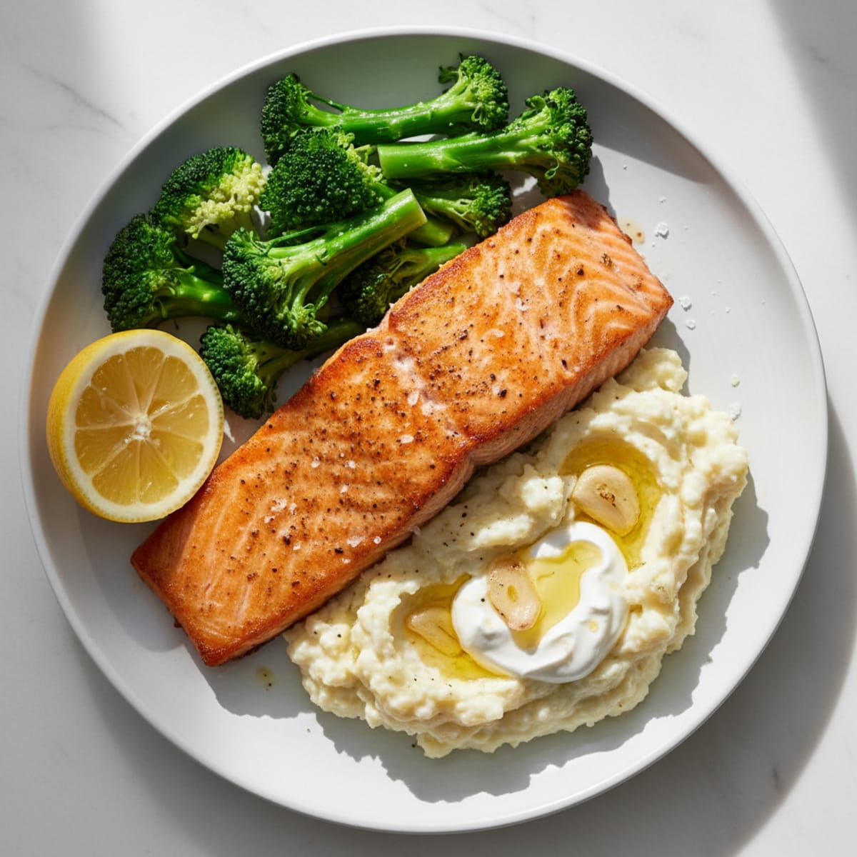 Seared Salmon with Steamed Broccoli and Garlic Cauliflower Mash