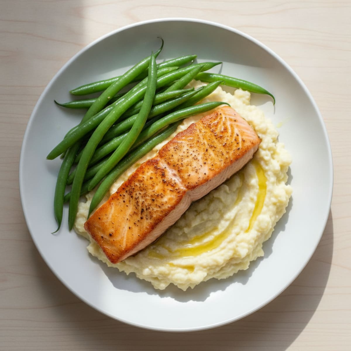 Seared Salmon with Steamed Green Beans and Garlic Mashed Cauliflower
