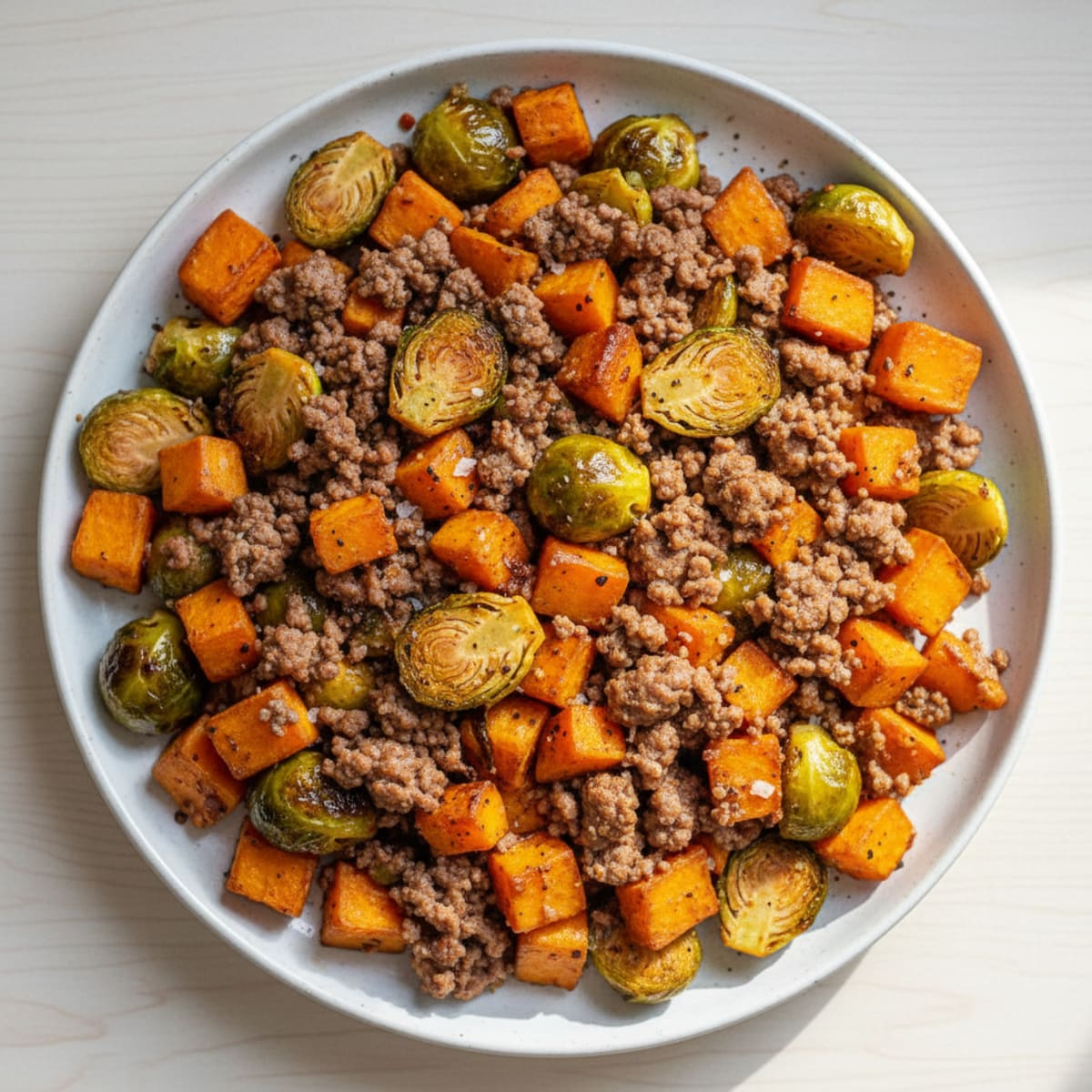 Ground Beef Sweet Potato Brussels Skillet