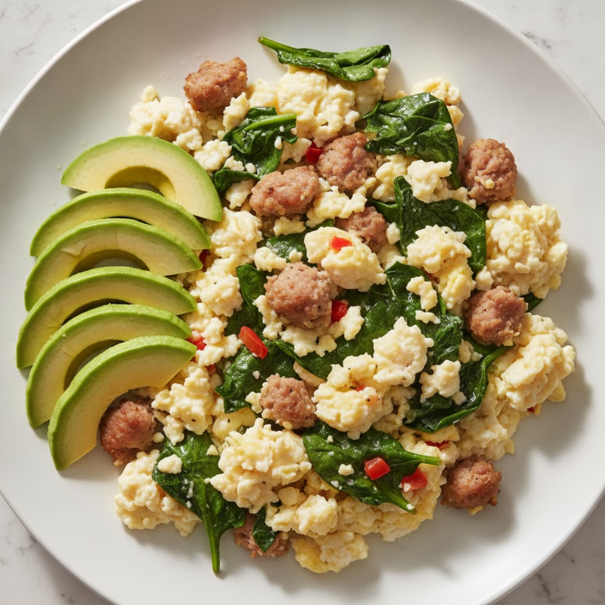 Egg White Scramble with Turkey Sausage and Sautéed Spinach