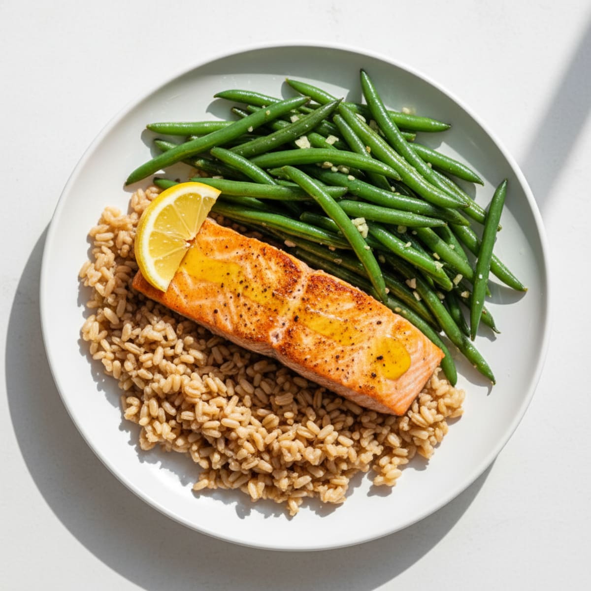 Seared Salmon Fillet with Garlic Green Beans and Brown Rice