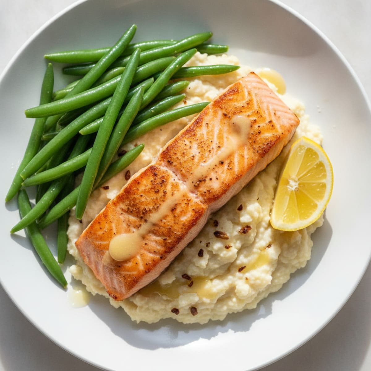 Seared Salmon with Steamed Green Beans and Cauliflower Mash