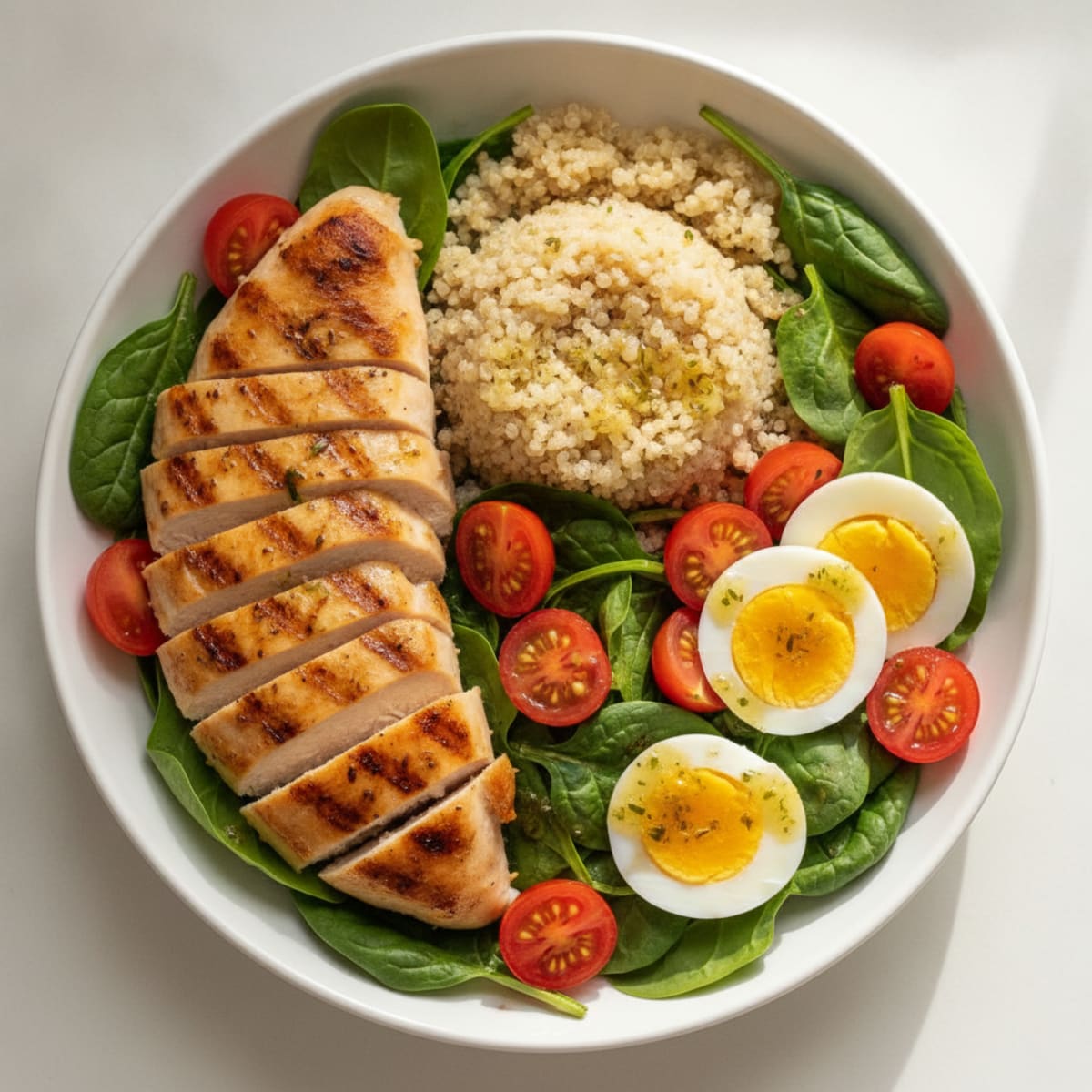 Grilled Chicken and Quinoa Bowl with Fresh Spinach and Cherry Tomatoes