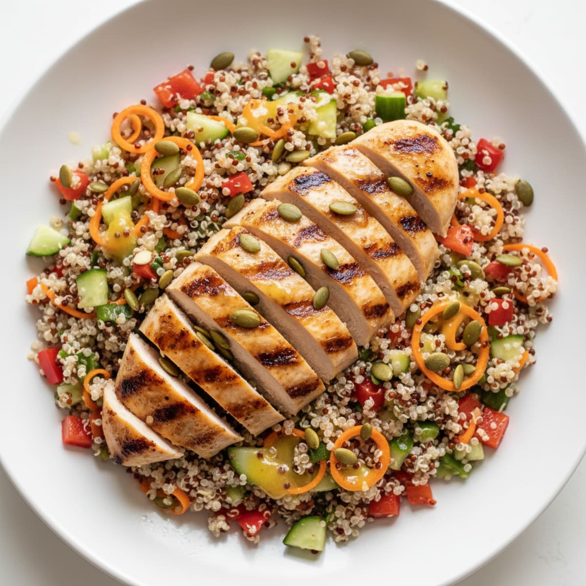 Grilled Chicken Breast and Quinoa Salad with Crunchy Vegetables