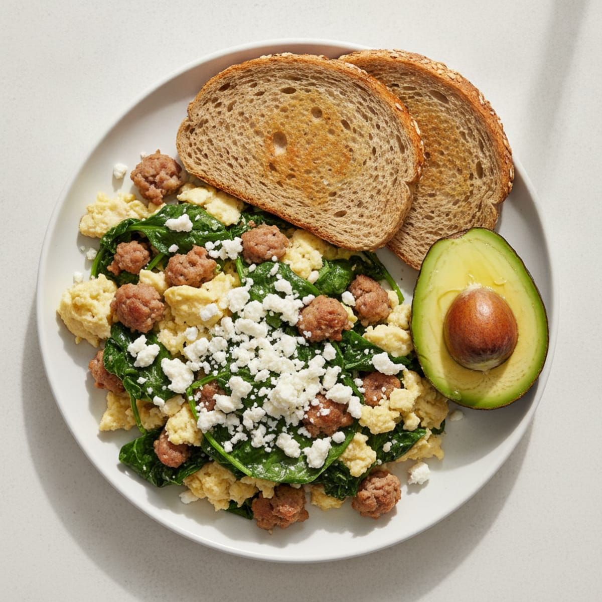 Egg White and Turkey Sausage Scramble with Spinach and Feta
