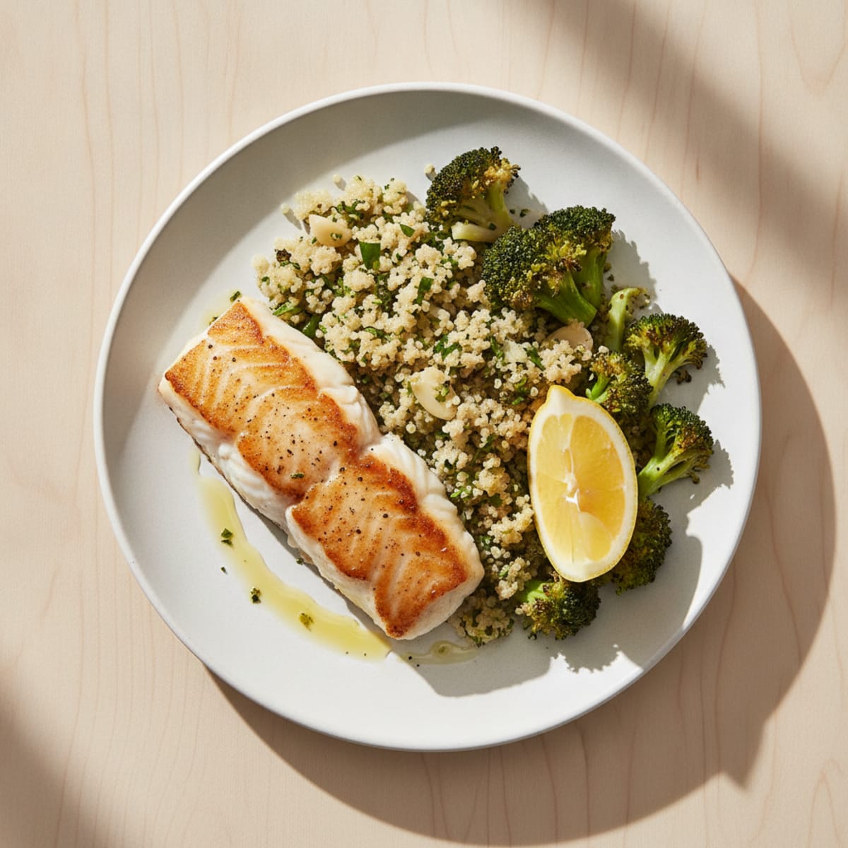 Seared Cod Fillet with Roasted Broccoli and Garlic Quinoa