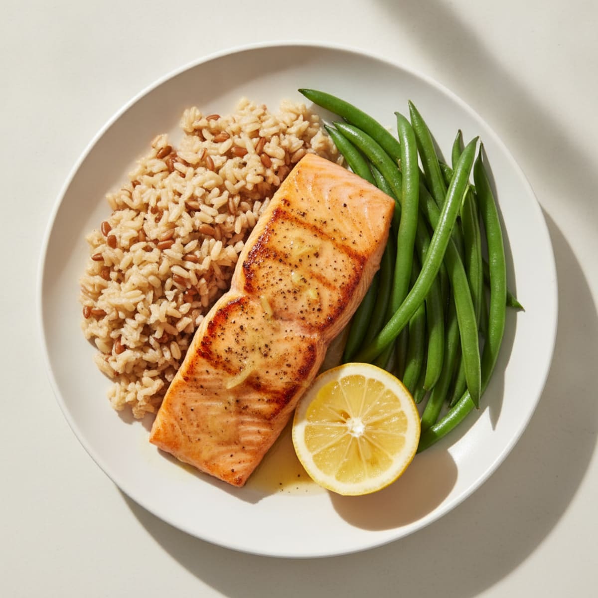 Seared Salmon Fillet with Steamed Green Beans and Brown Rice