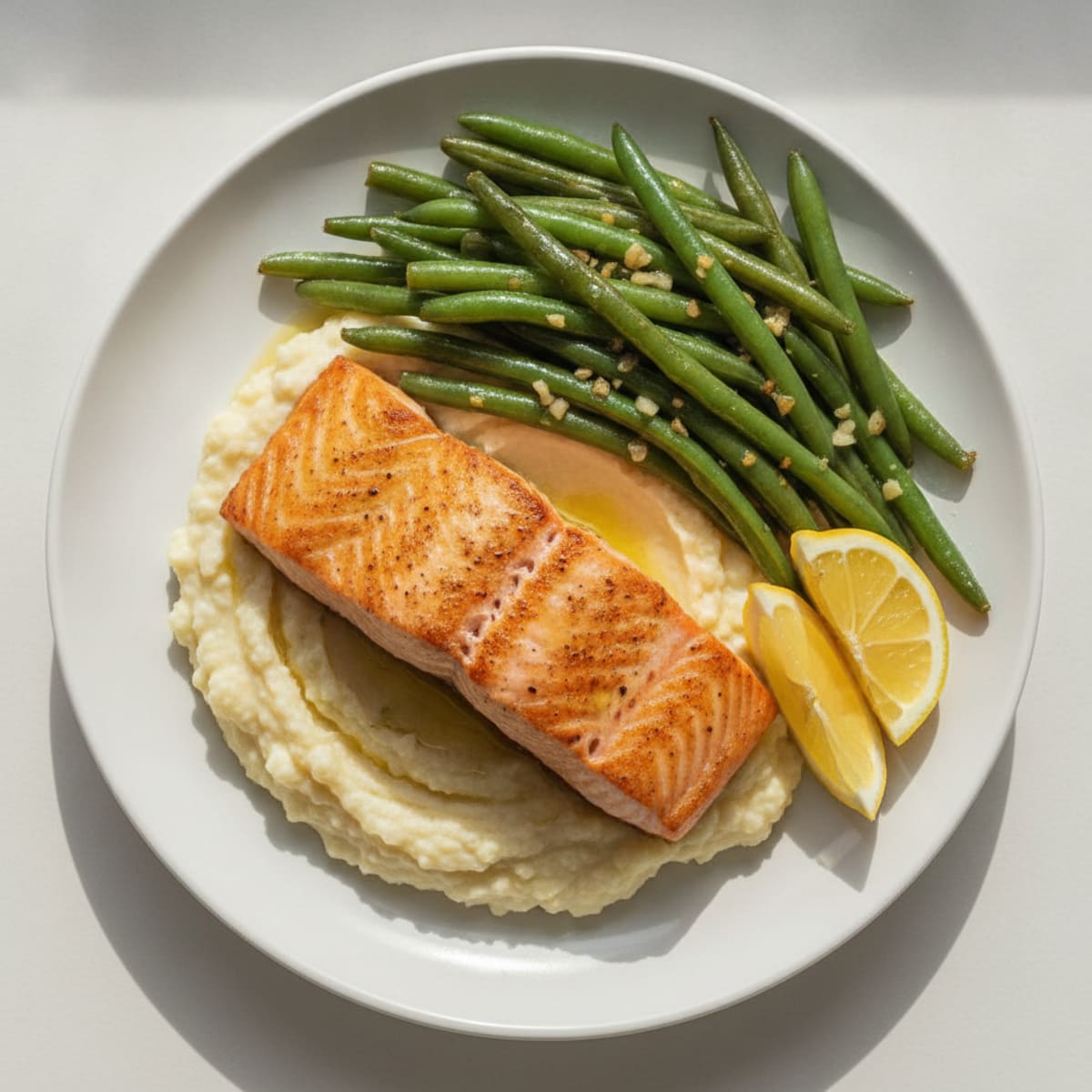 Seared Salmon with Garlic Green Beans and Cauliflower Mash