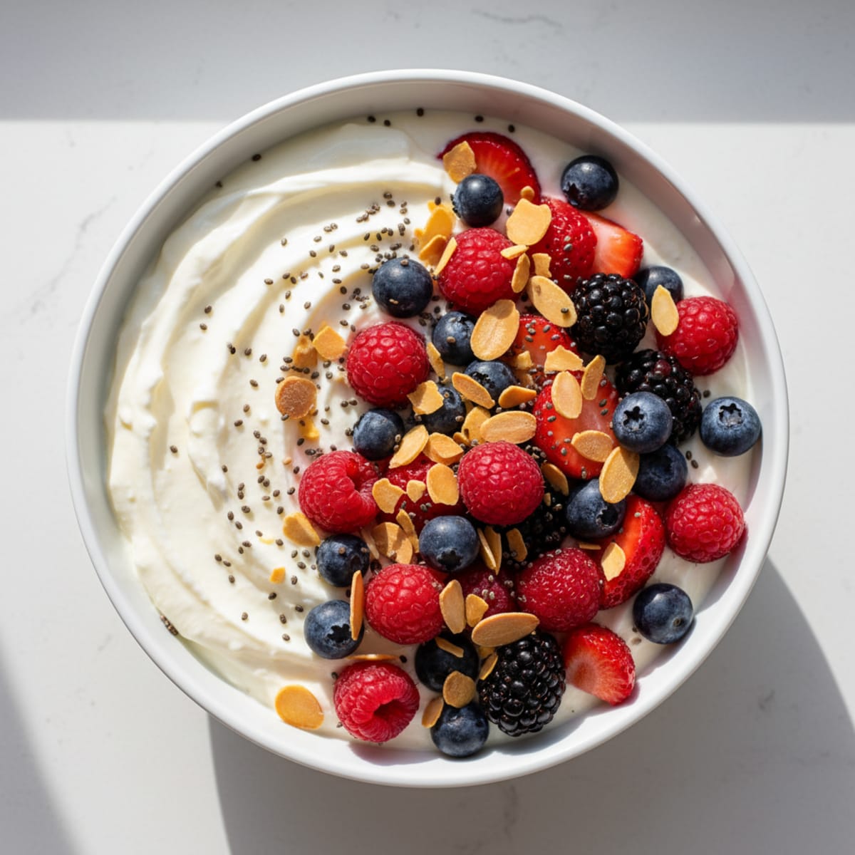 Creamy Greek Yogurt Protein Bowl with Mixed Berries and Almonds