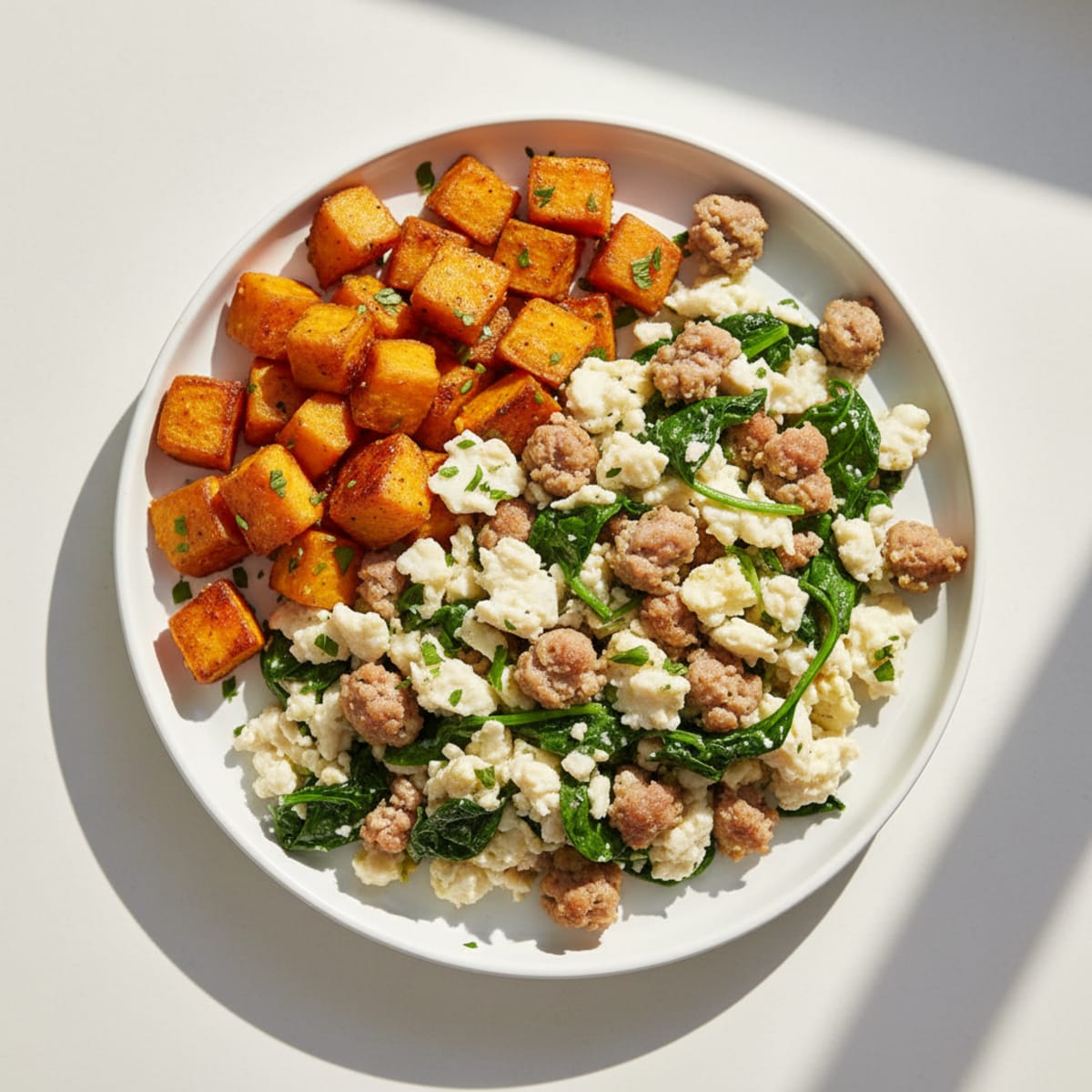 Egg White and Turkey Sausage Scramble with Spinach and Roasted Sweet Potatoes