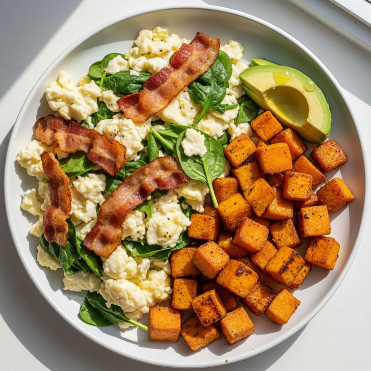 Crispy Turkey Bacon Egg White Scramble with Roasted Sweet Potato