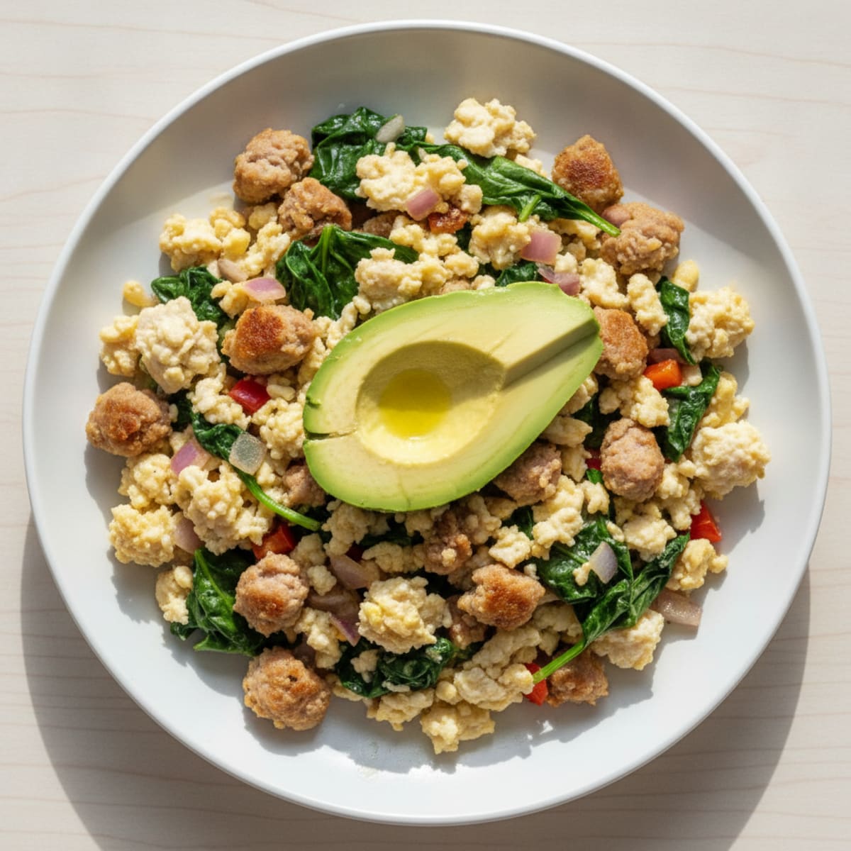 Egg White Scramble with Turkey Sausage and Sautéed Spinach