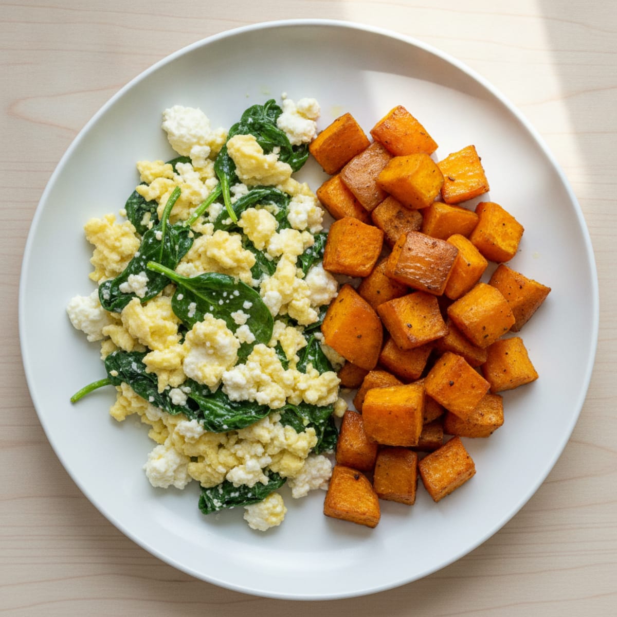Cottage Cheese Egg Scramble with Spinach and Roasted Sweet Potato
