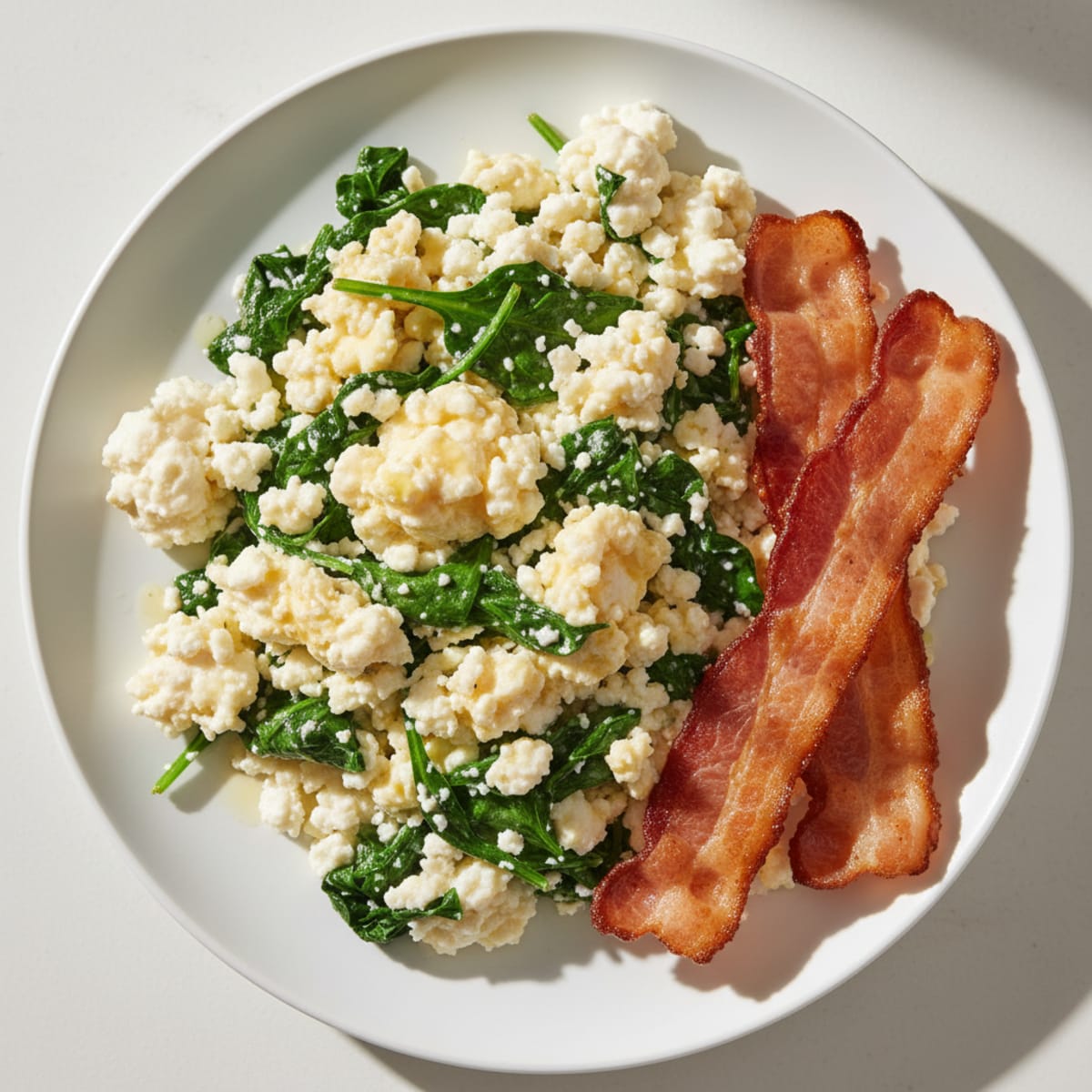 Cottage Cheese Egg Scramble with Spinach and Turkey Bacon