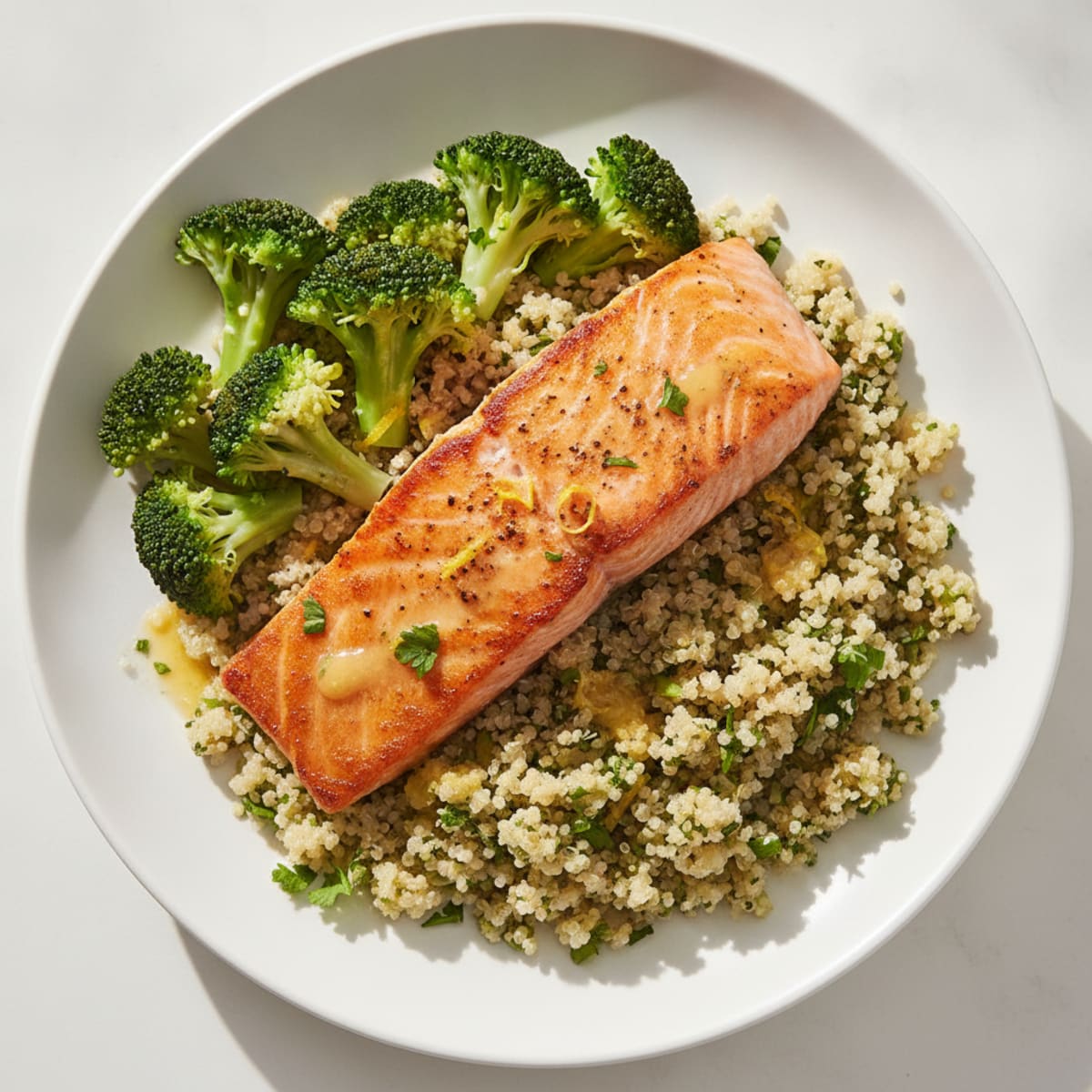 Seared Salmon Fillet with Steamed Broccoli and Herb Quinoa