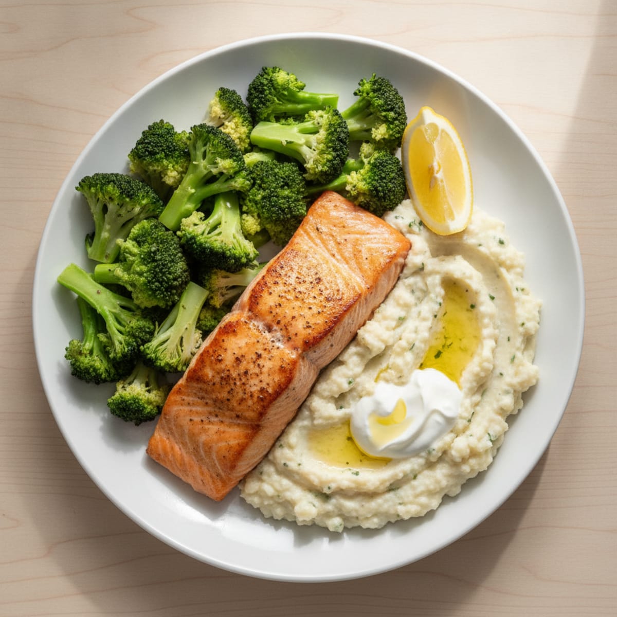 Seared Salmon Fillet with Steamed Broccoli and Garlic Cauliflower Mash