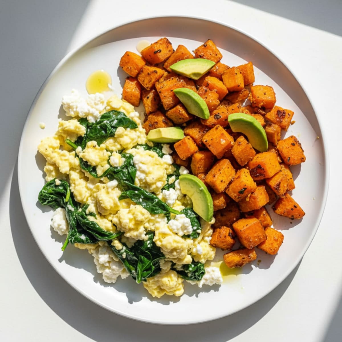 Cottage Cheese Scramble with Spinach and Sweet Potato Hash