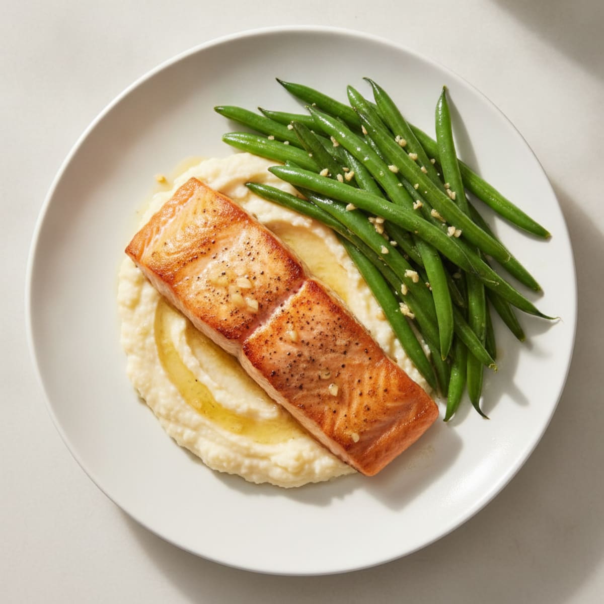 Seared Salmon with Garlic Green Beans and Cauliflower Mash