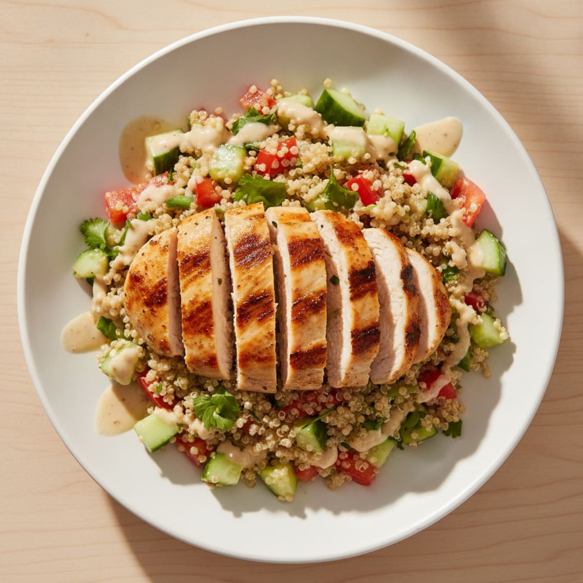 Grilled Chicken and Quinoa Salad with Crunchy Vegetables and Lemon Tahini Dressing