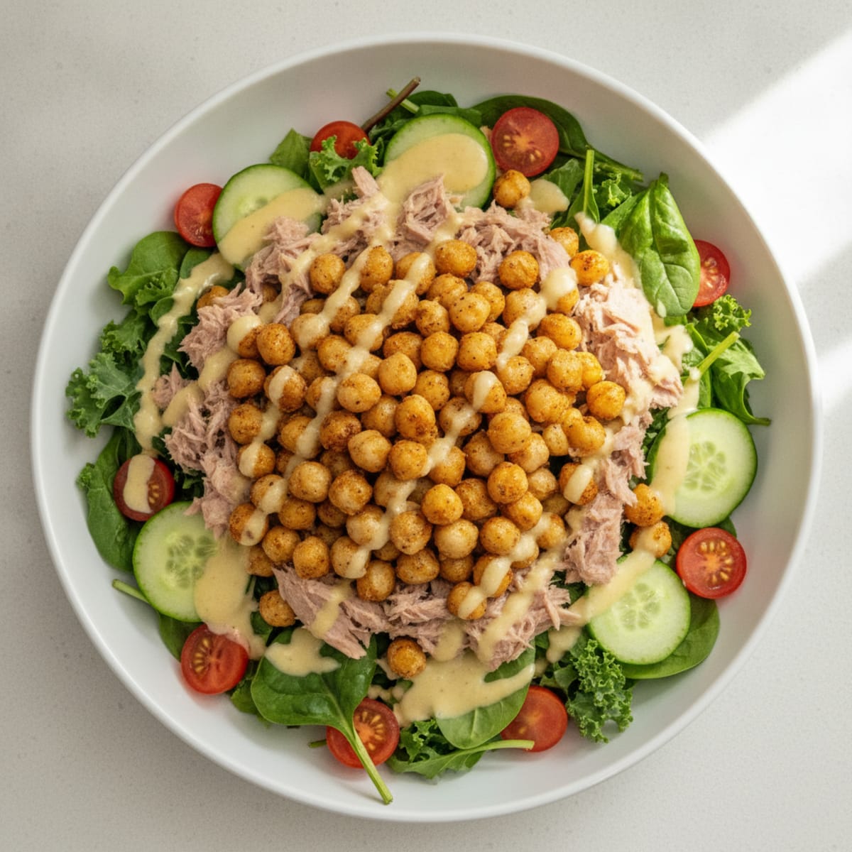 Crispy Chickpea and Tuna Salad Bowl with Lemon Tahini Dressing