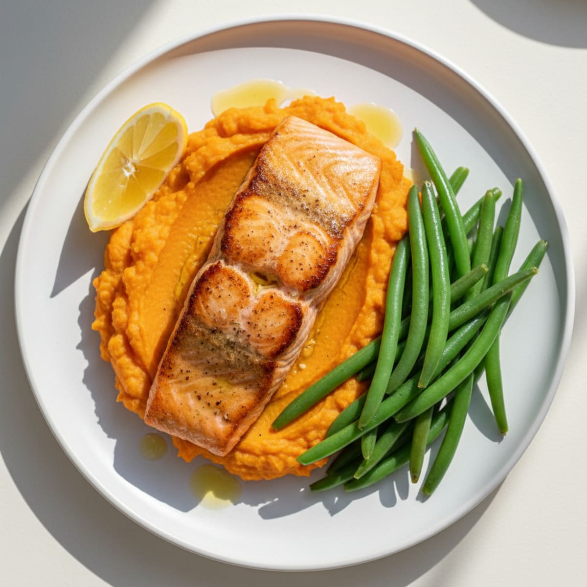 Seared Salmon Fillet with Steamed Green Beans and Sweet Potato Mash