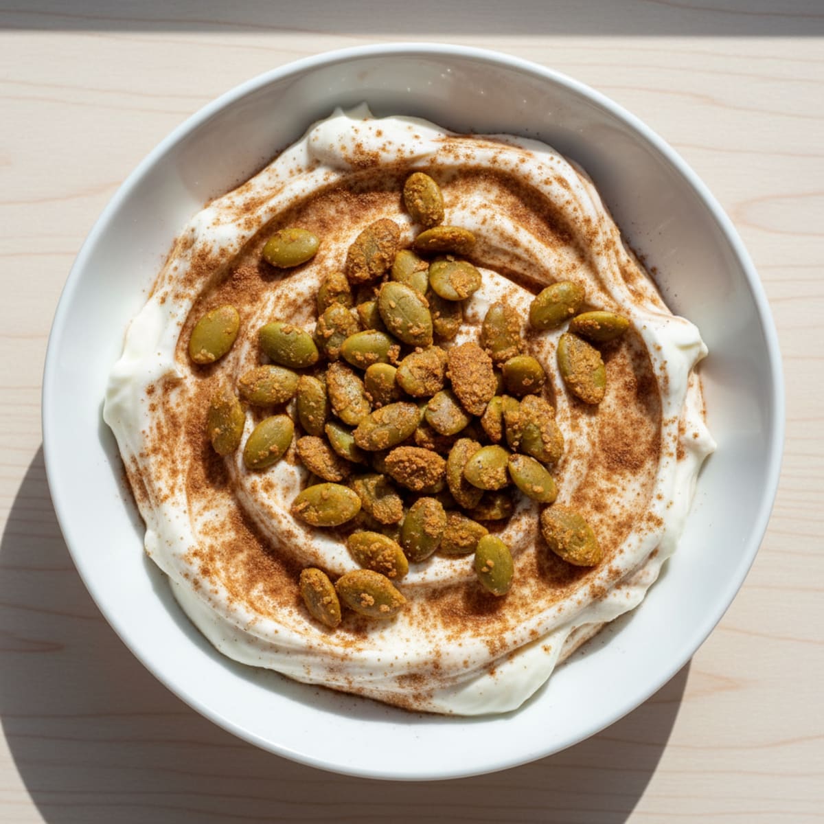 Creamy Vanilla Protein Yogurt with Cinnamon and Toasted Pumpkin Seeds