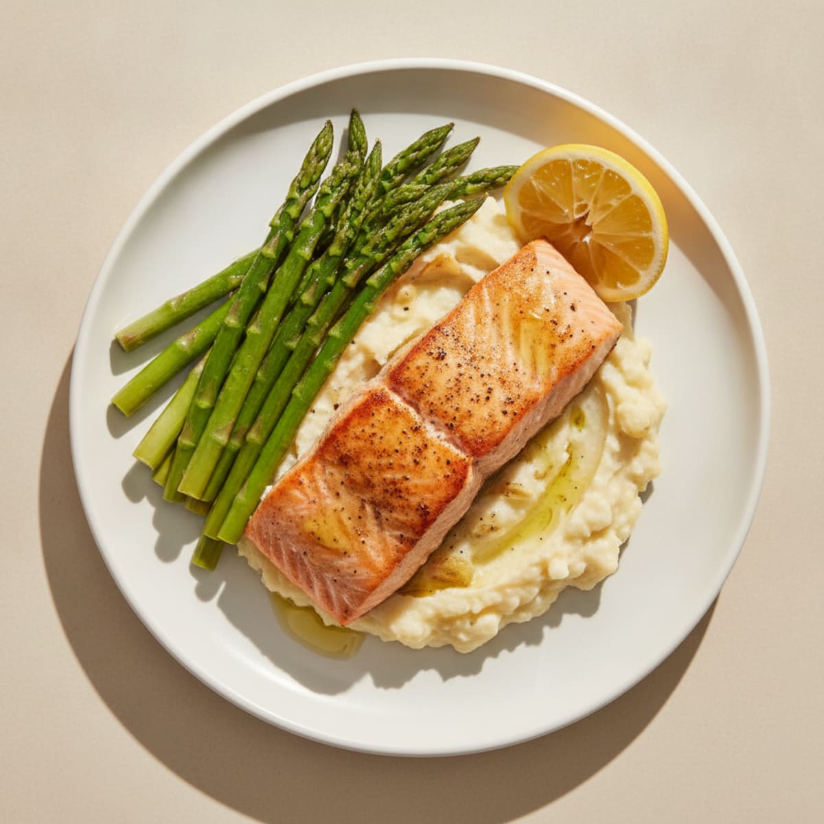 Seared Salmon with Steamed Asparagus and Garlic Mashed Cauliflower