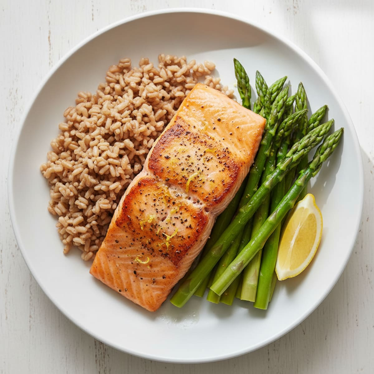 Seared Salmon with Steamed Asparagus and Brown Rice