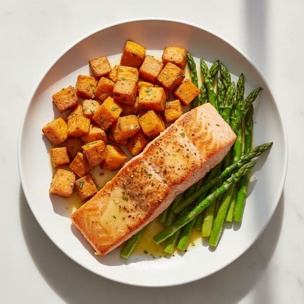 Seared Salmon with Roasted Sweet Potato and Asparagus