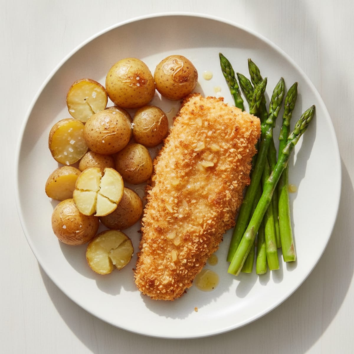 Breaded Cod with Roasted Asparagus and Baby Potatoes