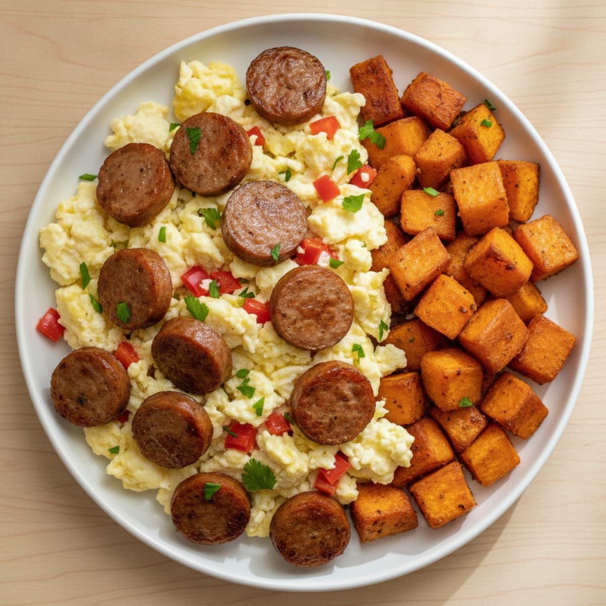 Crispy Turkey Sausage and Egg White Scramble with Roasted Sweet Potatoes