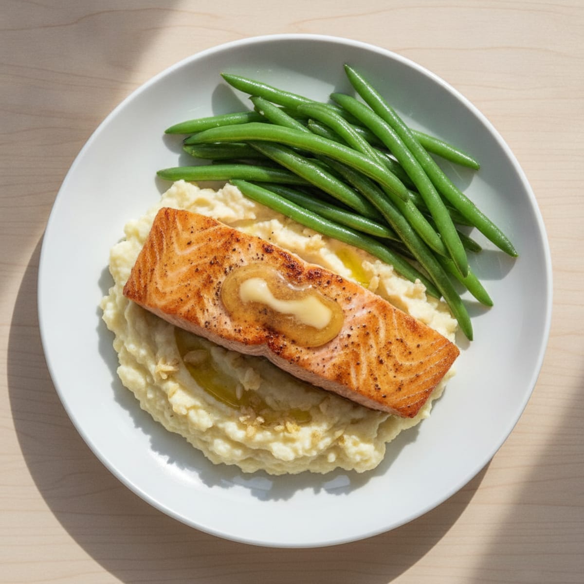 Seared Salmon with Steamed Green Beans and Garlic Mashed Cauliflower