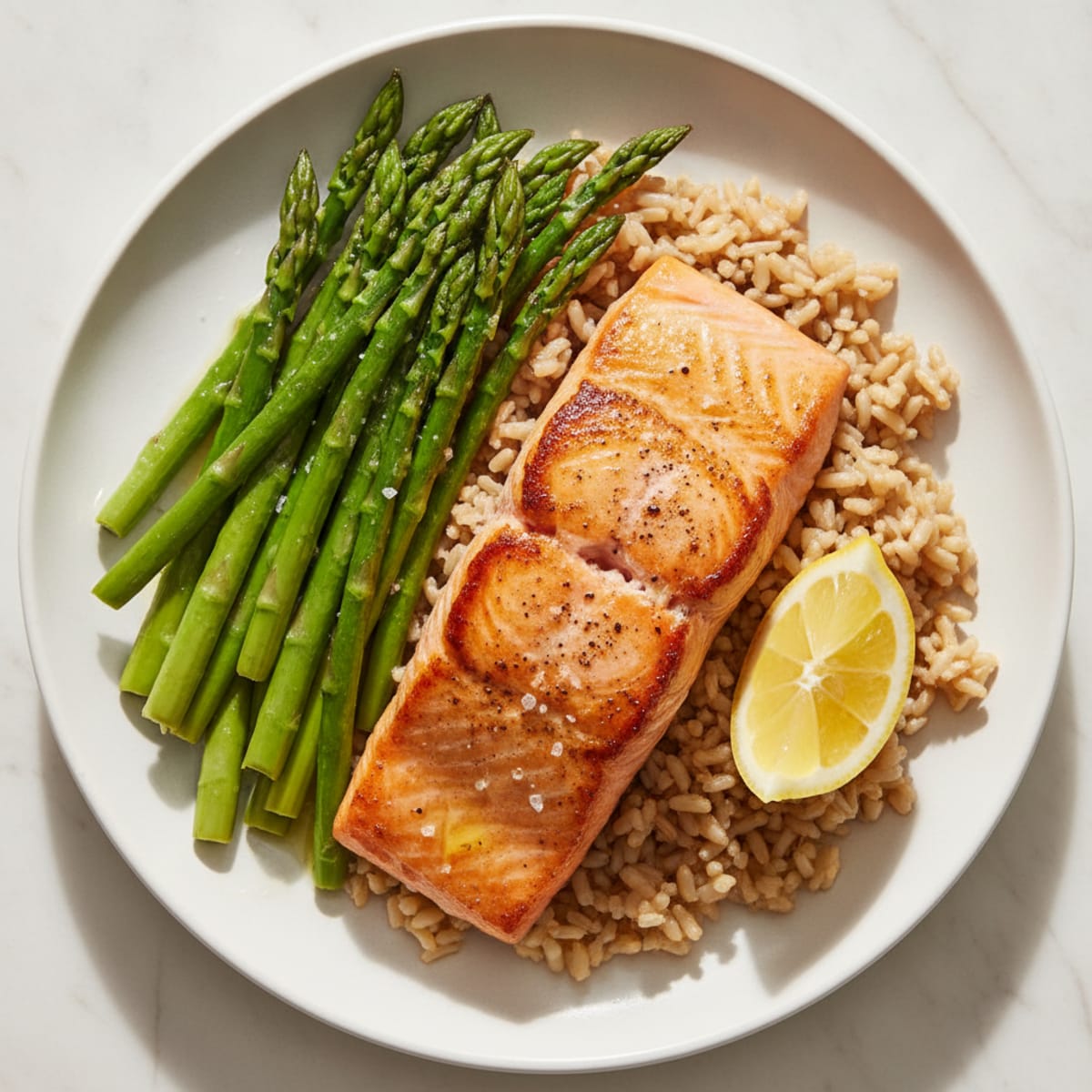Seared Salmon Fillet with Steamed Asparagus and Brown Rice