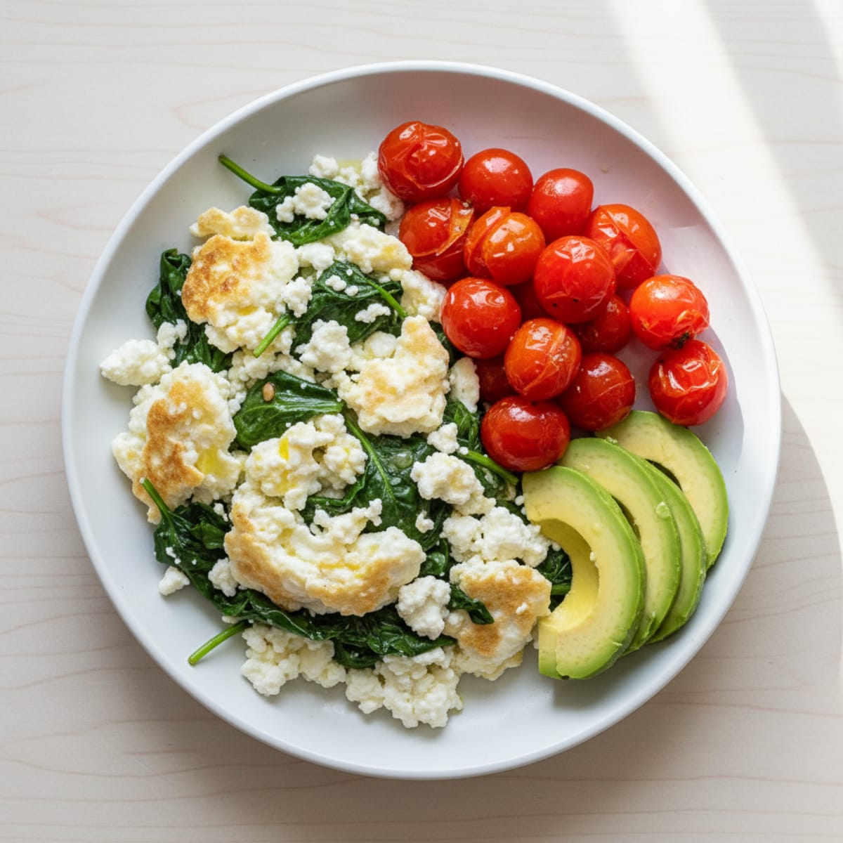 Egg White and Spinach Scramble with Cottage Cheese and Cherry Tomatoes