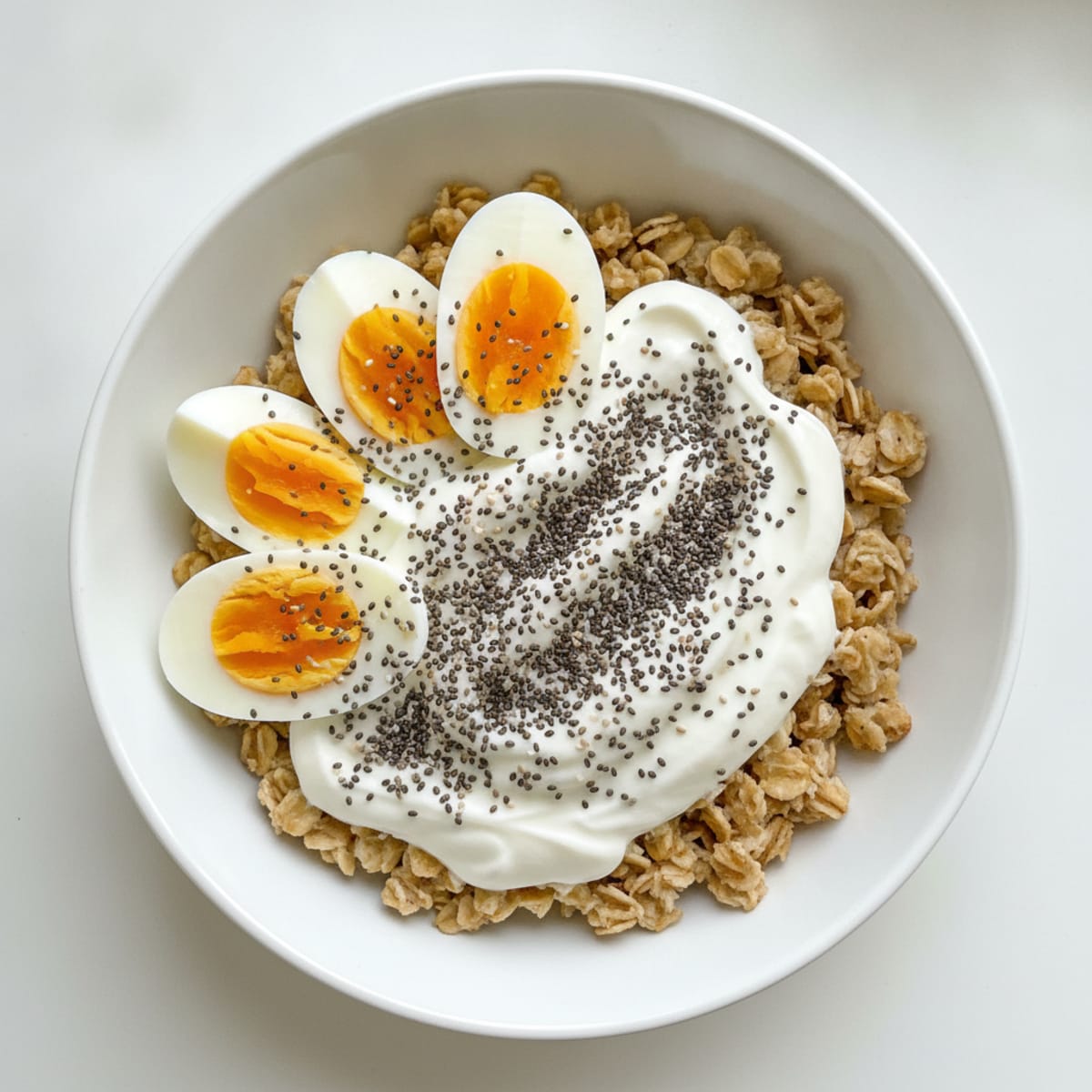 Greek Yogurt Oatmeal Bowl with Sliced Eggs and Chia Seeds