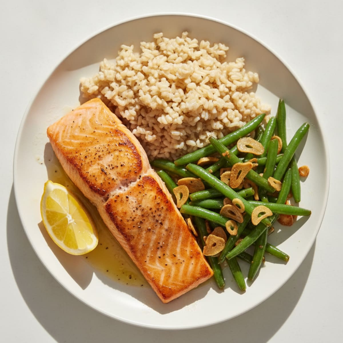 Seared Salmon Fillet with Garlicky Green Beans and Brown Rice