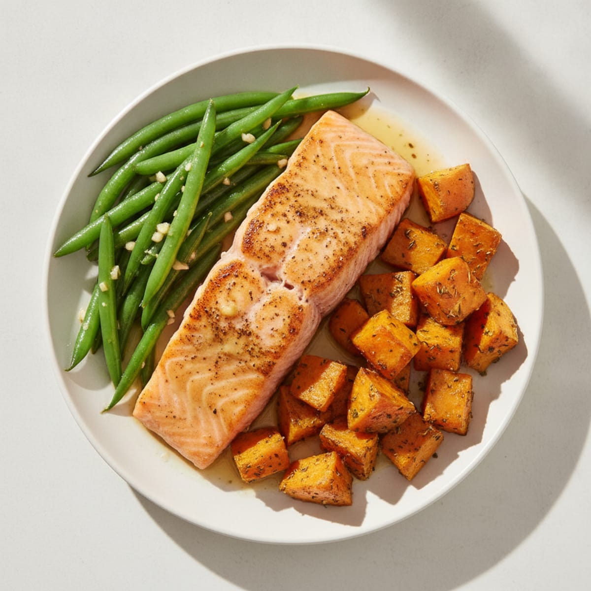 Seared Salmon Fillet with Garlic Green Beans and Herb-Roasted Sweet Potatoes