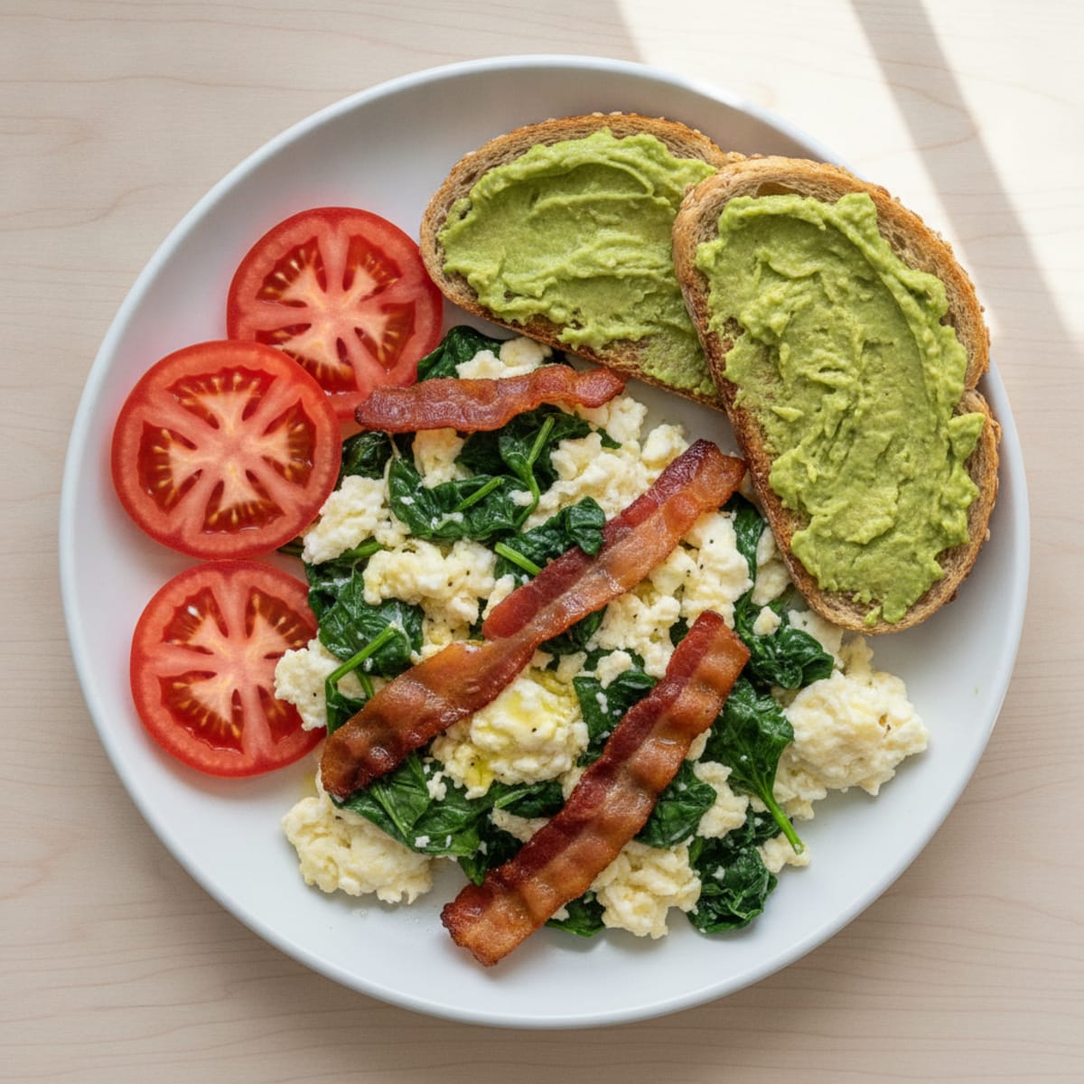Egg White Spinach Scramble with Turkey Bacon and Fresh Tomato