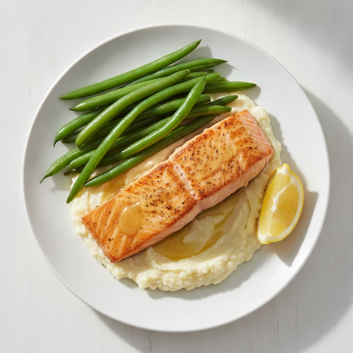 Seared Salmon with Steamed Green Beans and Garlic Mashed Cauliflower