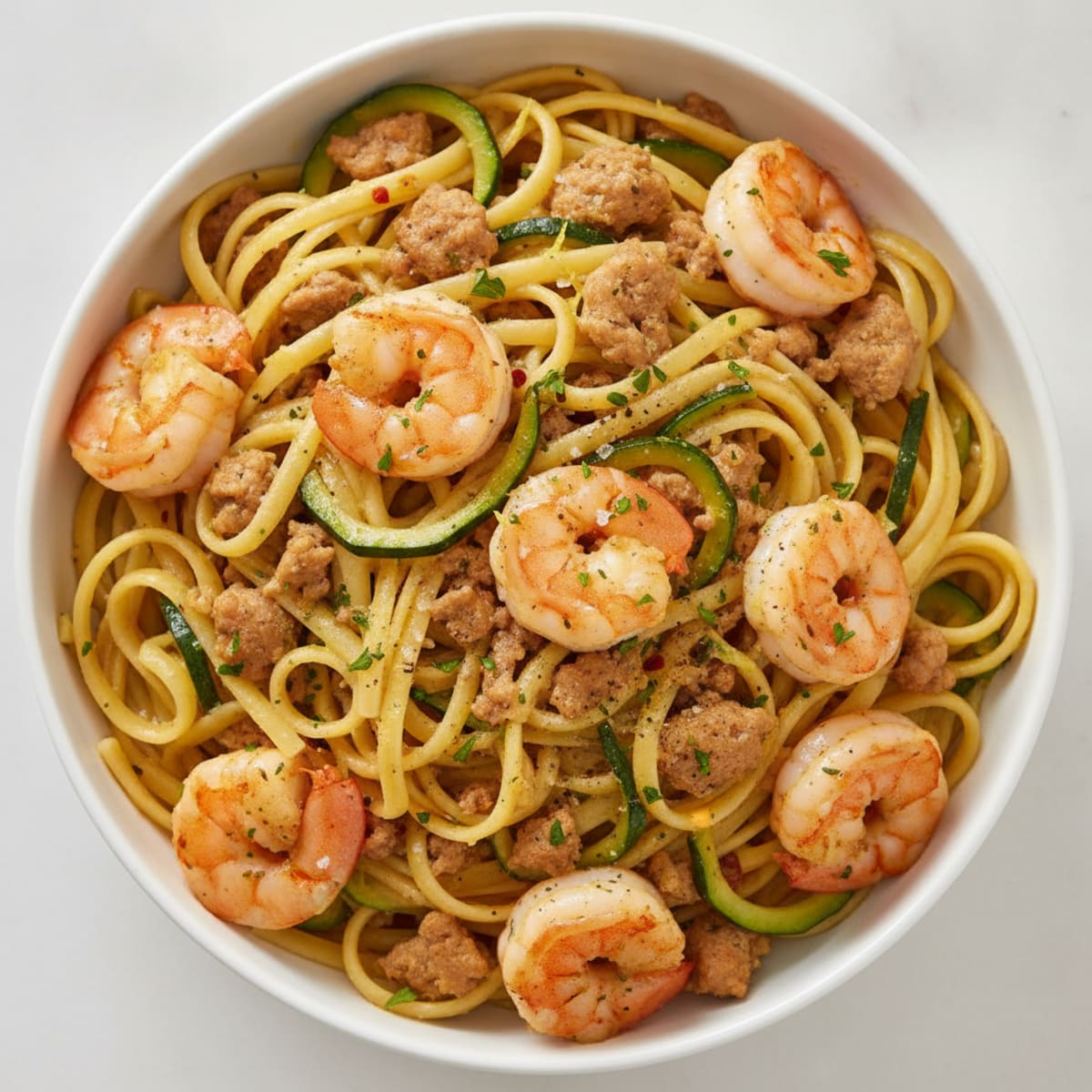 Garlic Butter Shrimp and Ground Turkey Scampi with Linguine