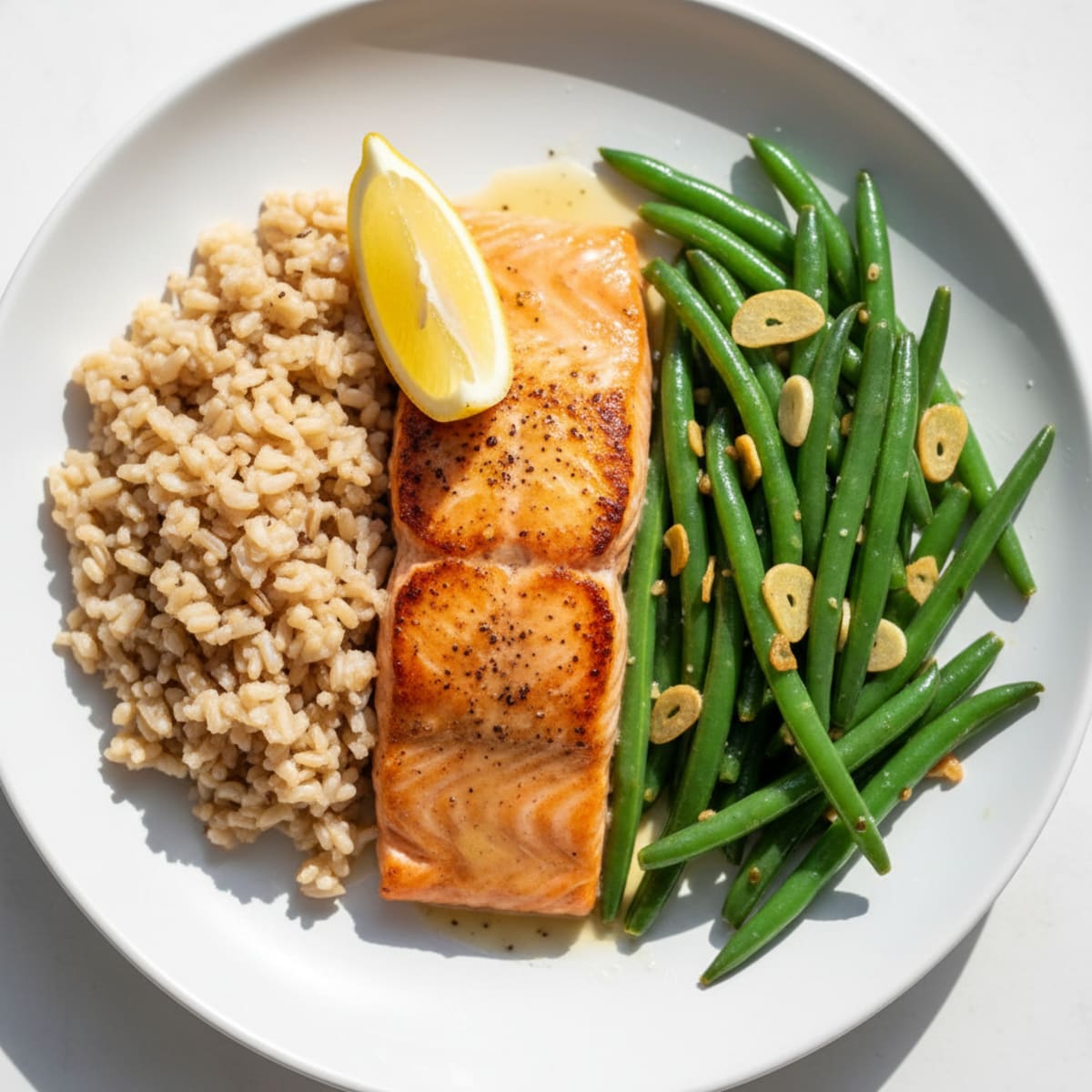 Seared Salmon with Garlic Green Beans and Steamed Brown Rice