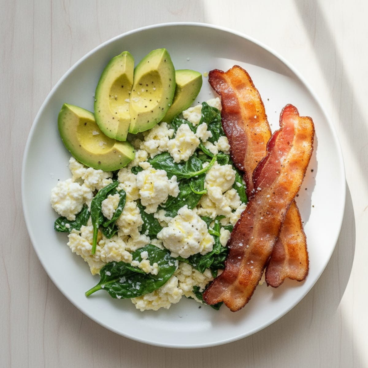 Cottage Cheese Egg White Scramble with Spinach and Turkey Bacon