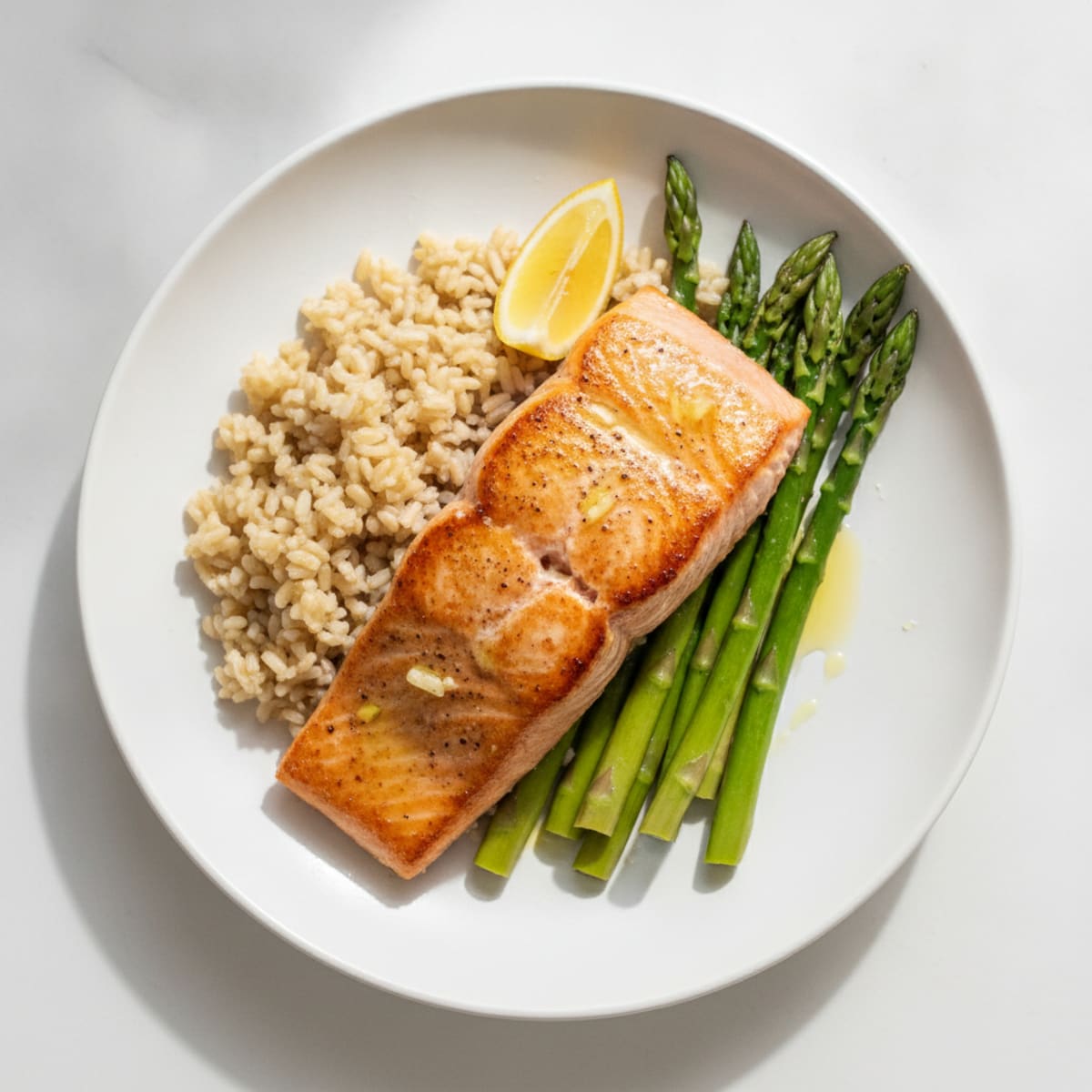 Seared Salmon Fillet with Steamed Asparagus and Brown Rice