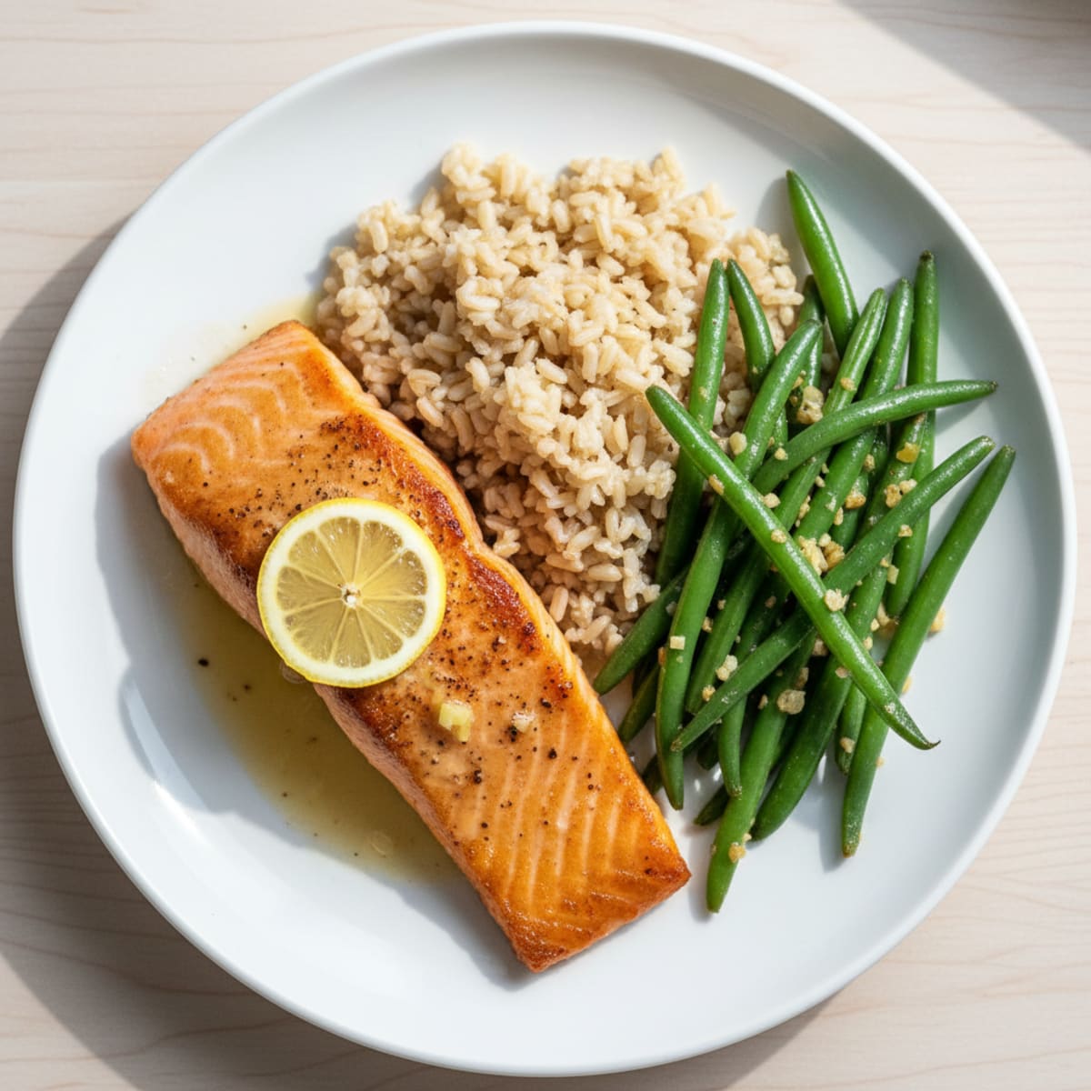 Seared Salmon with Garlic Green Beans and Brown Rice